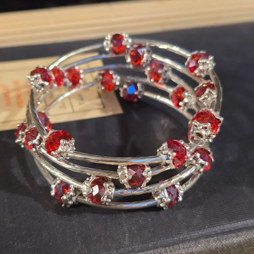 Red Faceted Crystal Rondelle Beads Silver Metal Handcrafted Wrap Bracelet